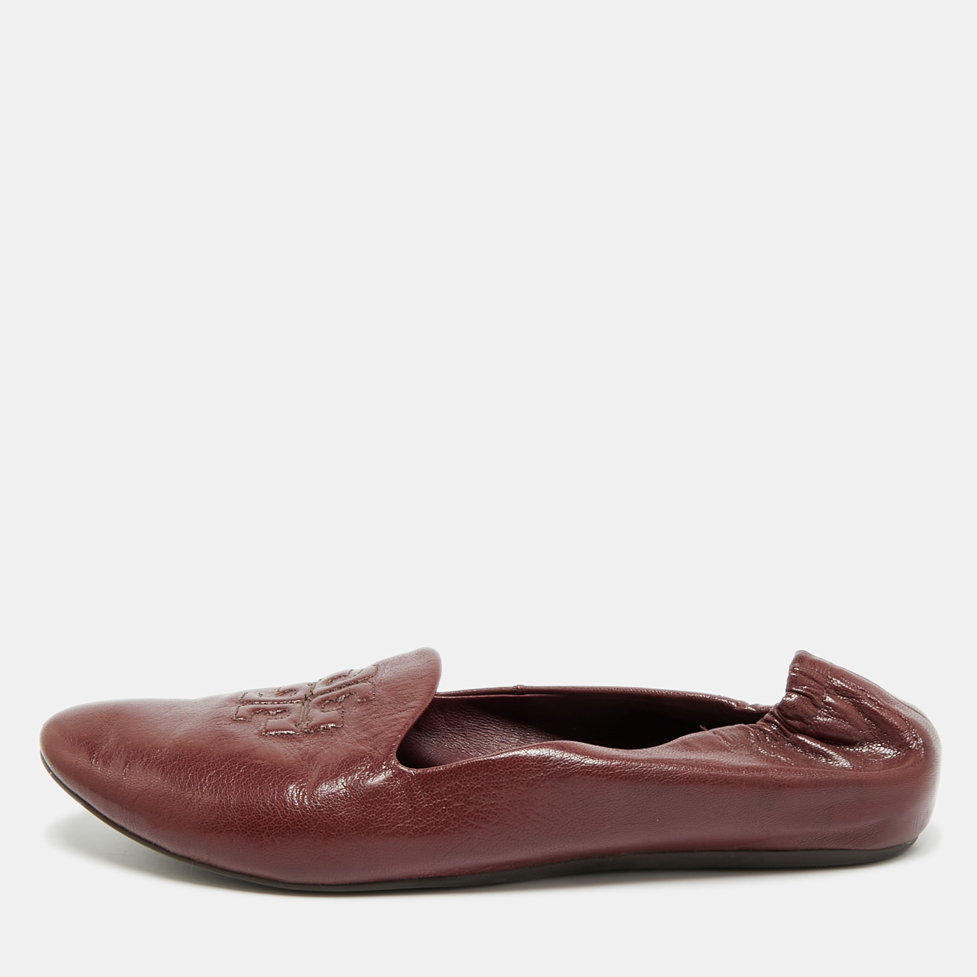 

Tory Burch Reva Size 38 Burgundy Leather scrunch Ballet Flats