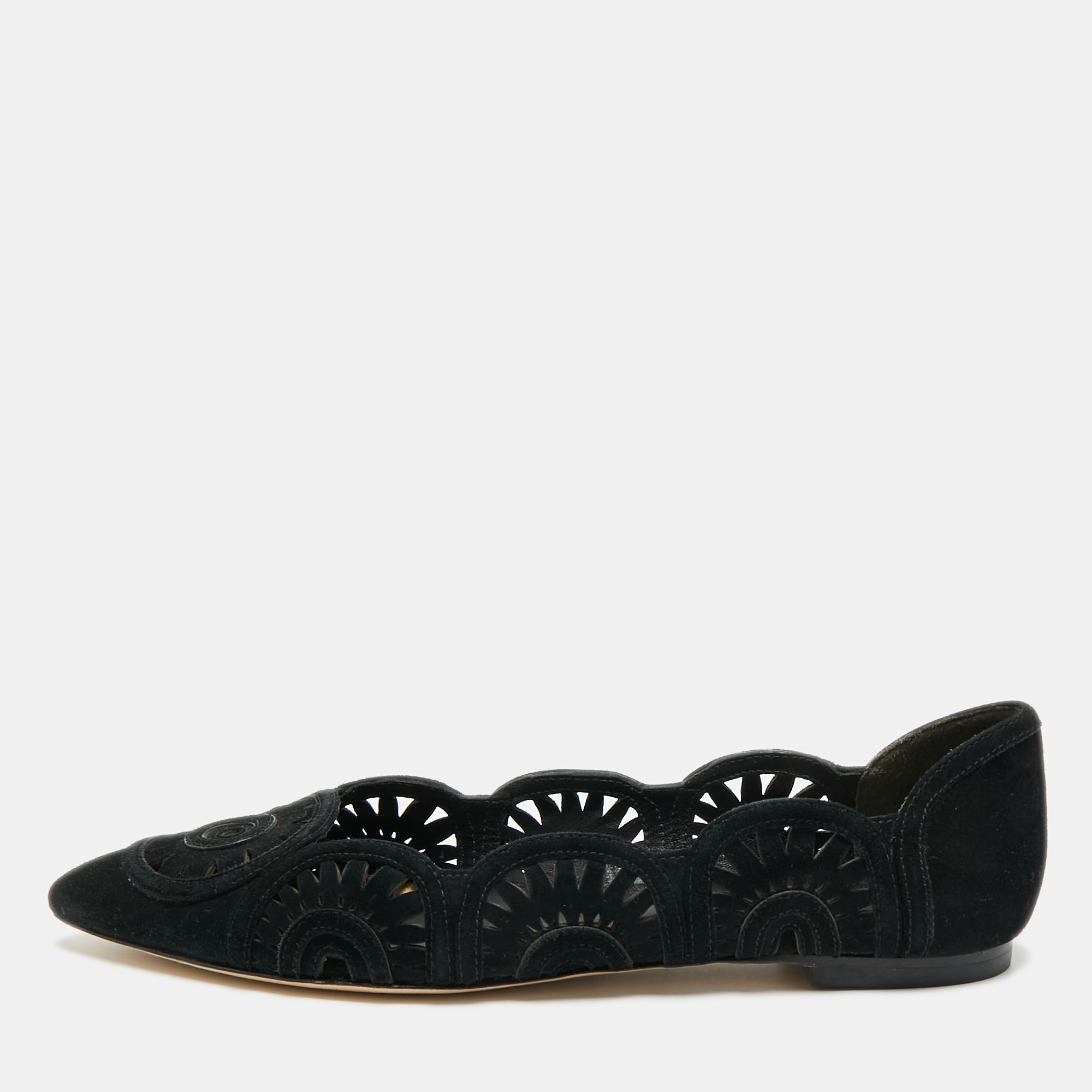 

Tory Burch Leyla Size 35 Black Suede Laser Cut Pointed Toe Ballet Flats
