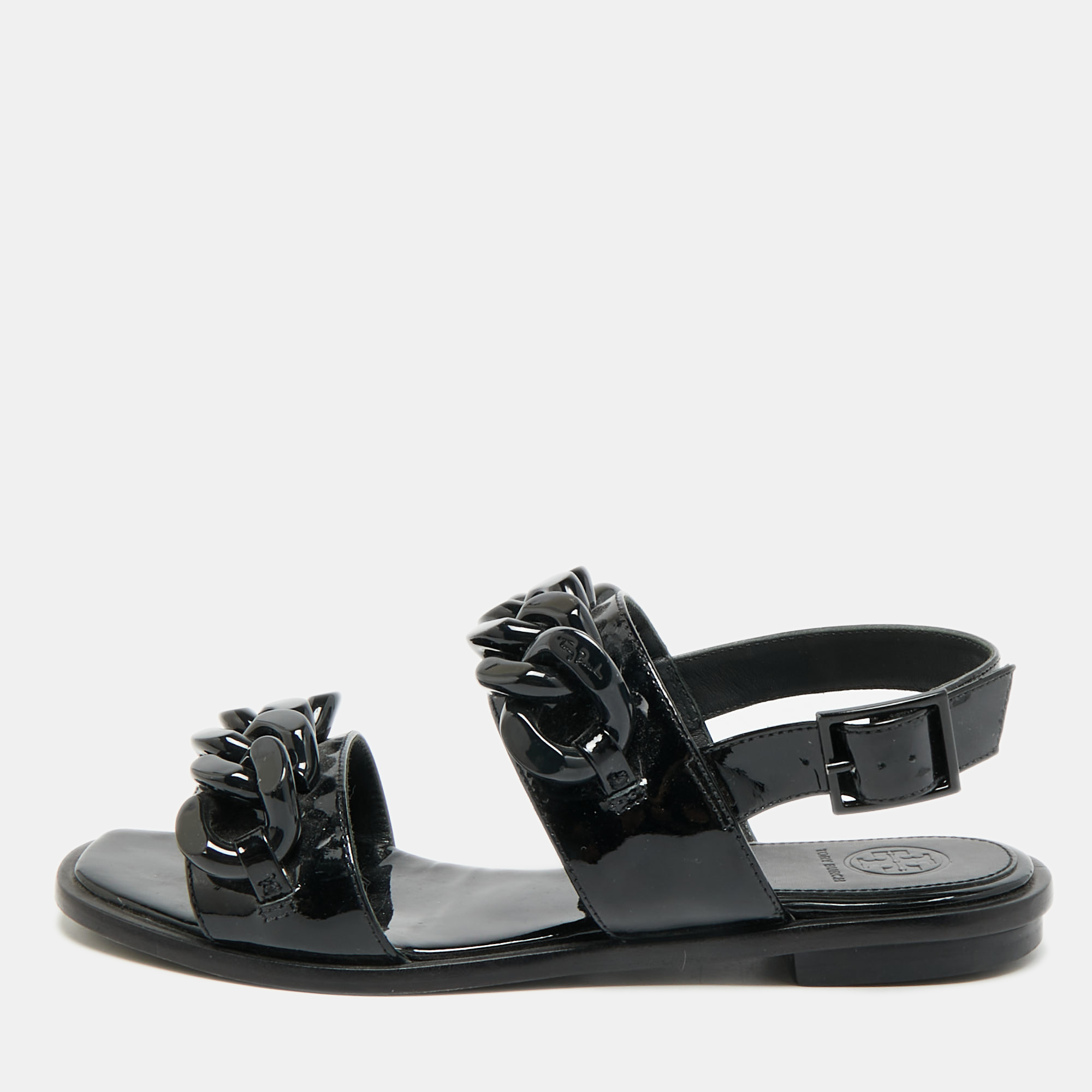 

Tory Burch Adrien Size 37 Black Patent Leather Ankle Strap Flat Sandals