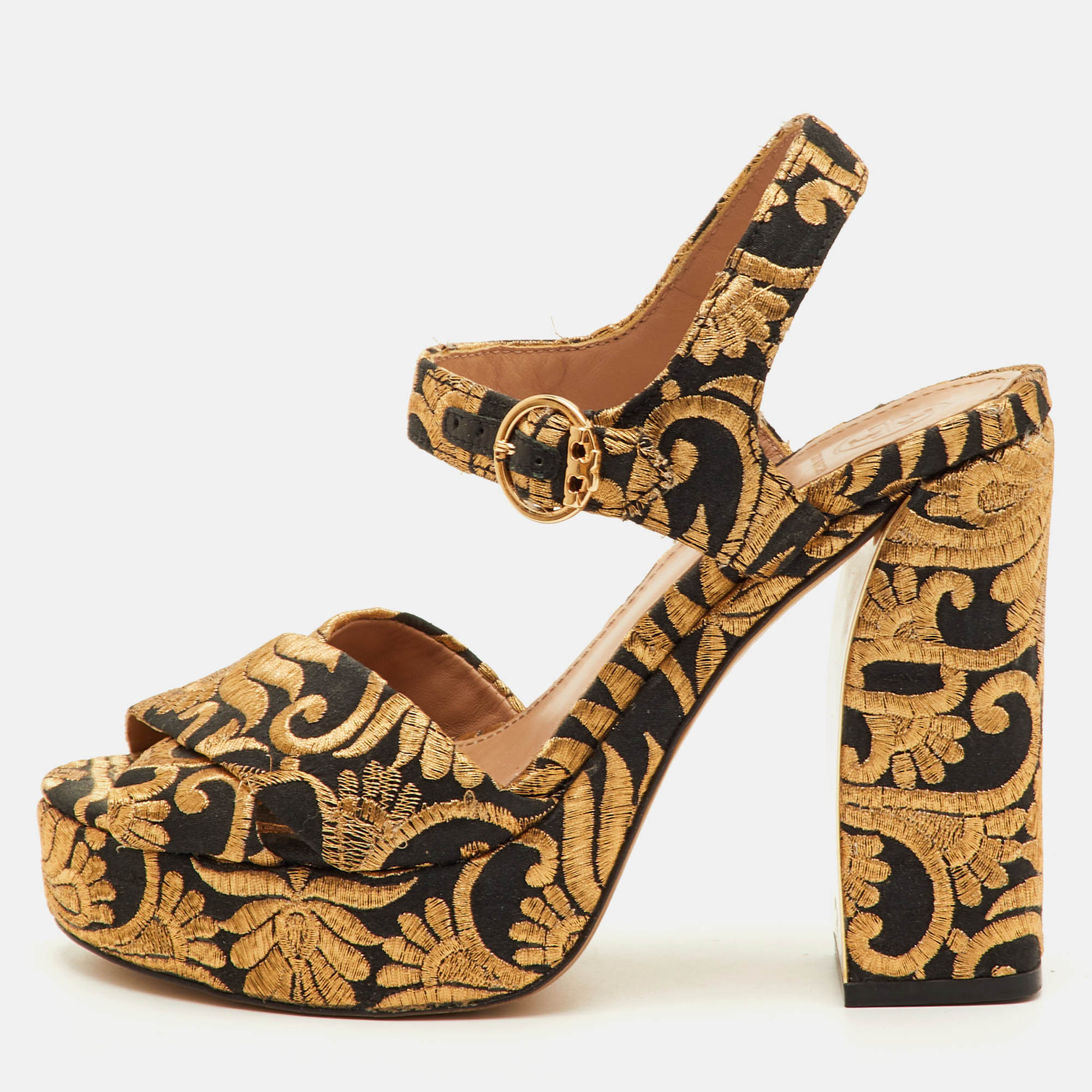 Tory Burch Maritine Size 37 Black/Gold Brocade Fabric Block Heel Ankle Strap Sandals