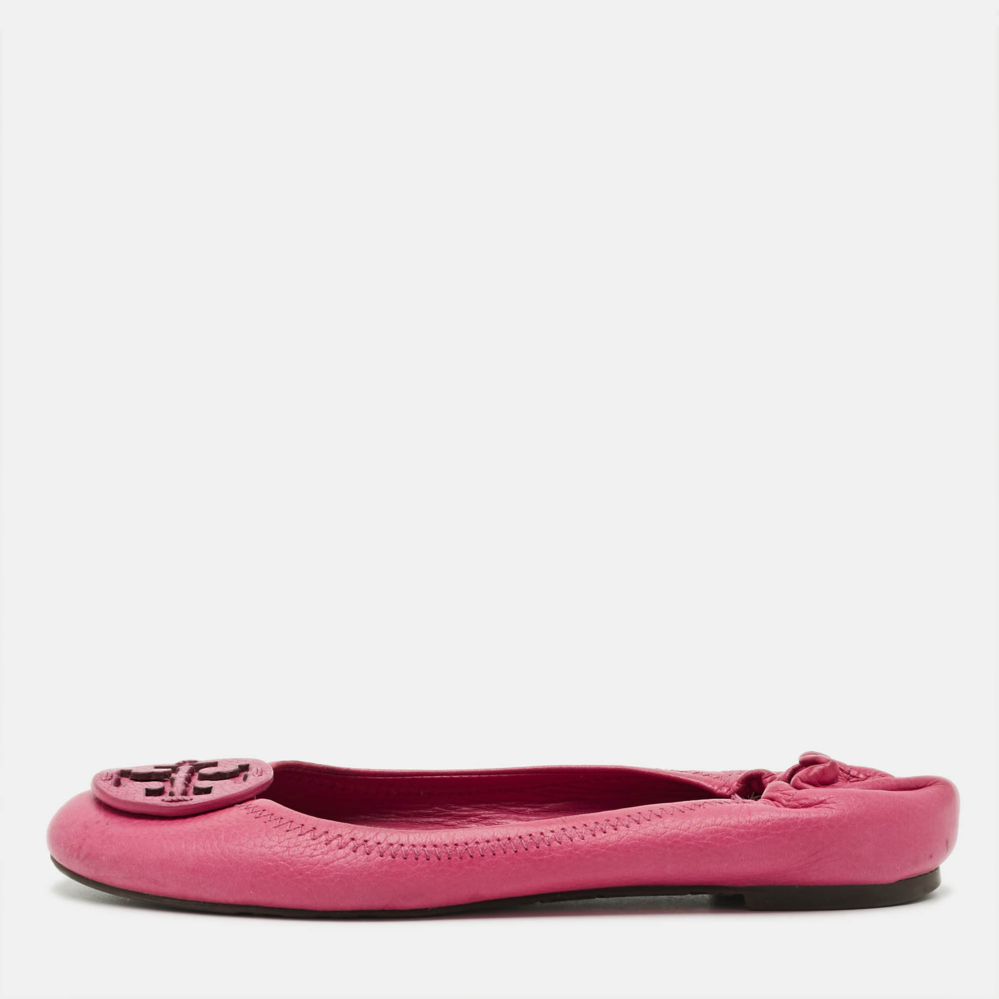 Pre-owned Tory Burch Minnie Size 37.5 Fuchsia Leather Scrunch Ballet Flats In Pink