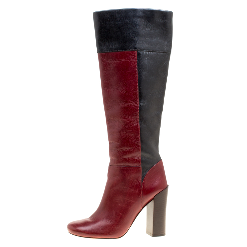 

Tory Burch Two Tone Color Block Leather Alicia Mid Calf Boots Size, Red