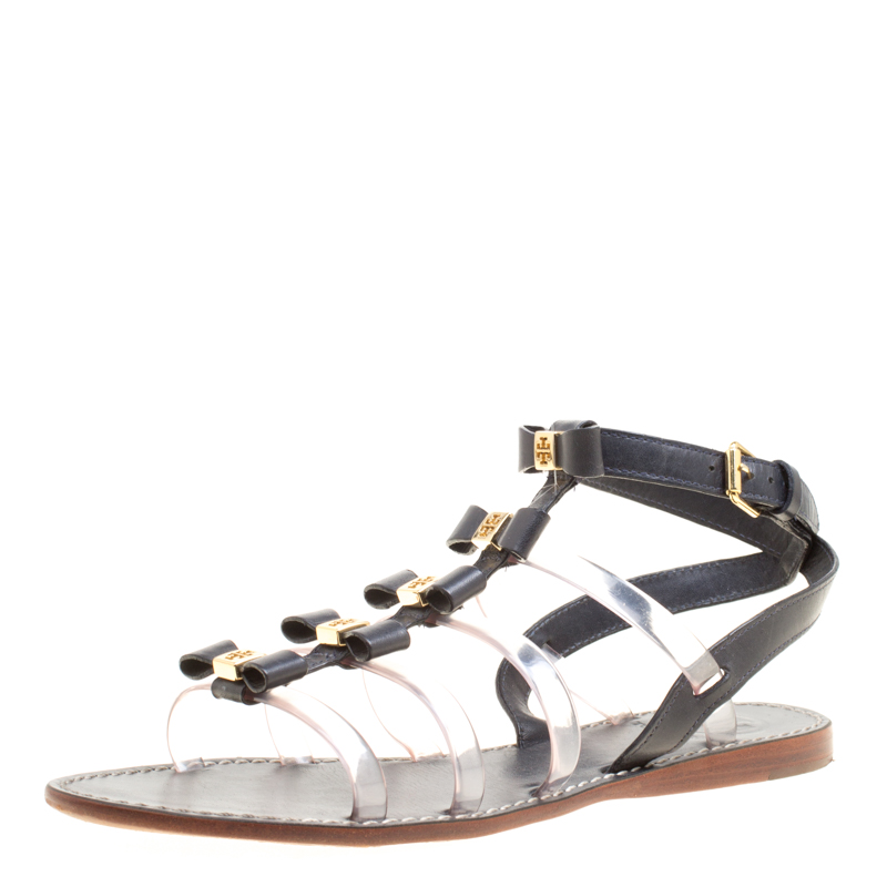 Pre Owned Tory Burch Black Leather and PVC Kira Gladiator Flat Sandals Size 37.5