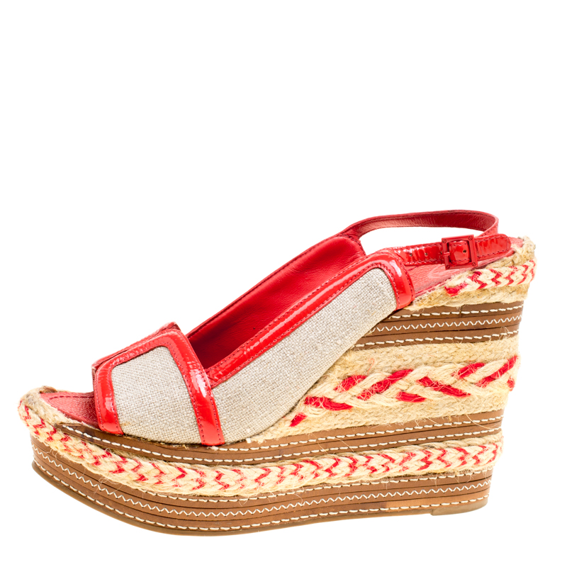

Tory Burch Beige/Red Canvas and Patent Leather Breacher Slingback Espadrille Wedge Sandals Size