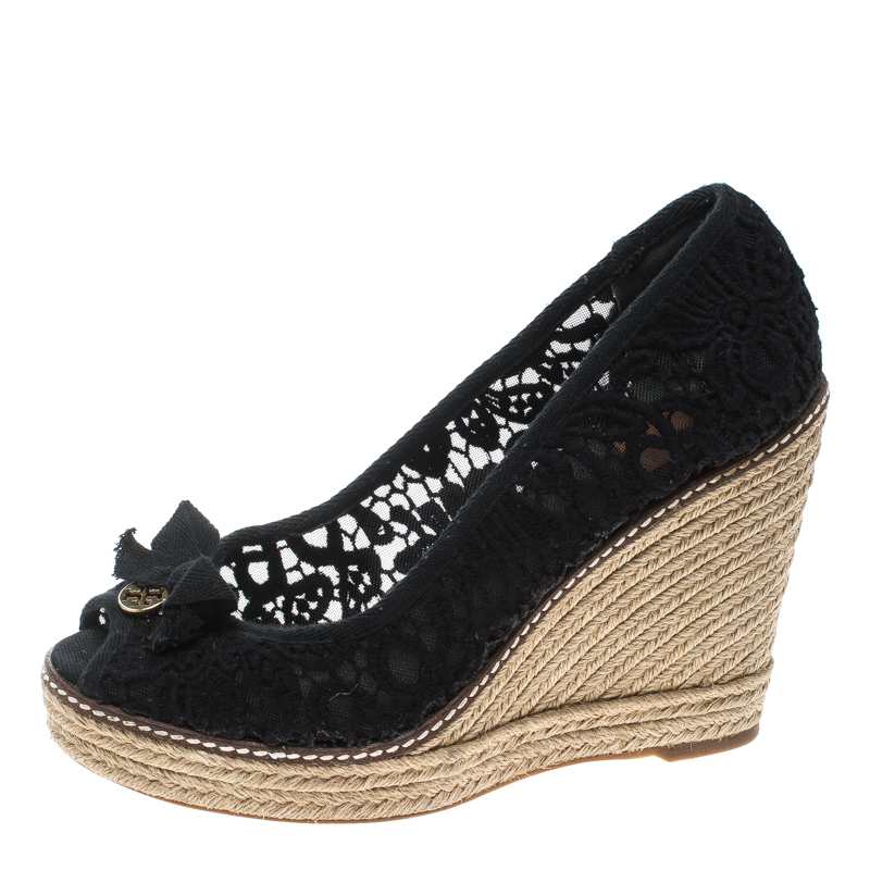 

Tory Burch Black Crochet Jackie Peep Toe Platform Wedge Sandals Size