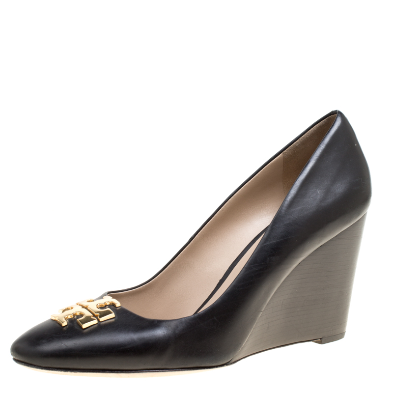 Pre Owned Tory Burch Black Leather Raleigh Round Toe Wedge Pumps Size 41