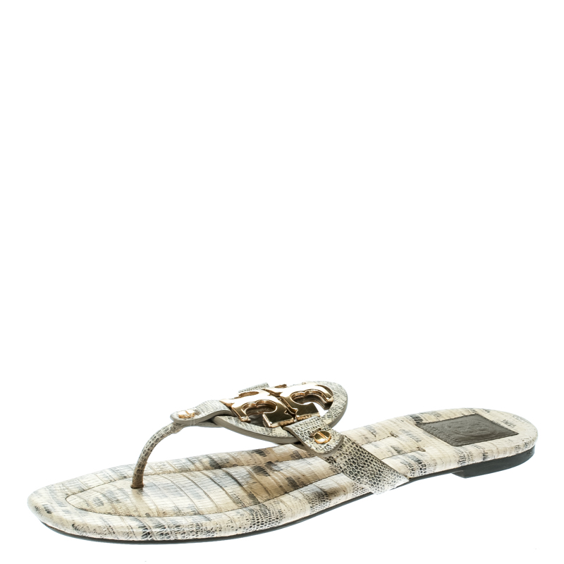 Pre Owned Tory Burch Beige Lizard Leather Miller Flat Thong Sandals Size 39.5