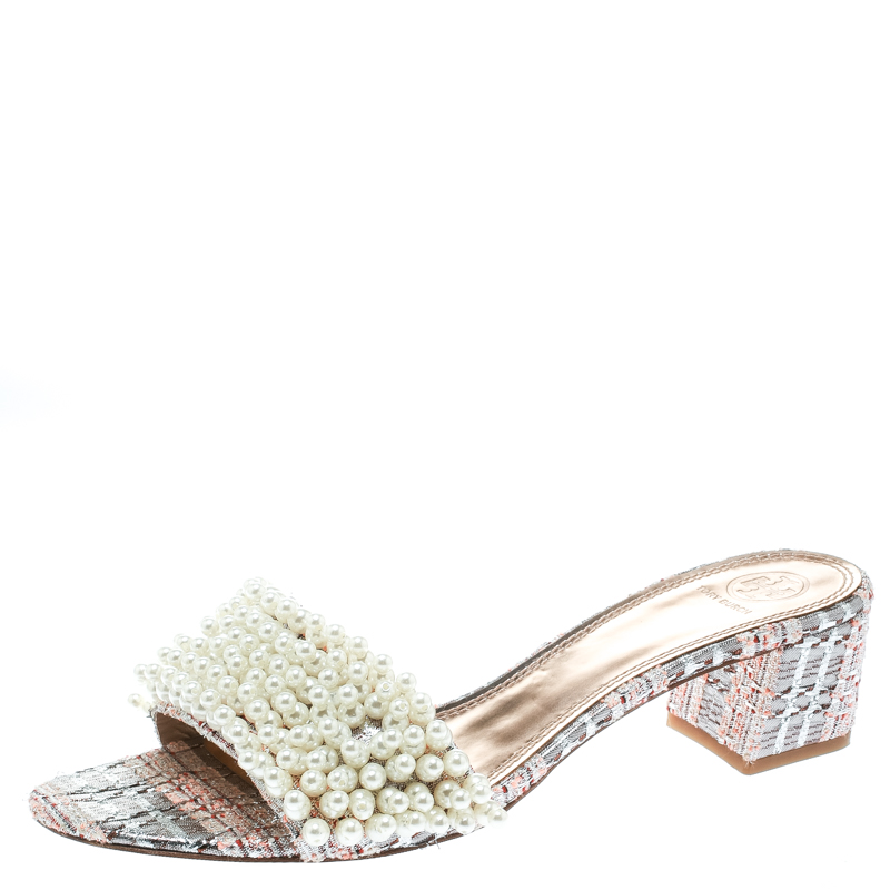 Tory Burch Pink/Silver Embroidered Fabric Tatiana Pearl Sandals Size  Tory  Burch | TLC