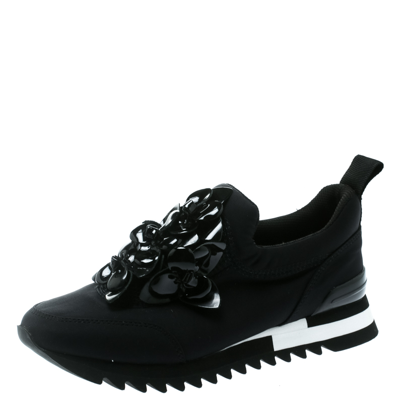 Tory Burch Black Neoprene Fabric Blossom Floral Detail Slip On Sneaker ...
