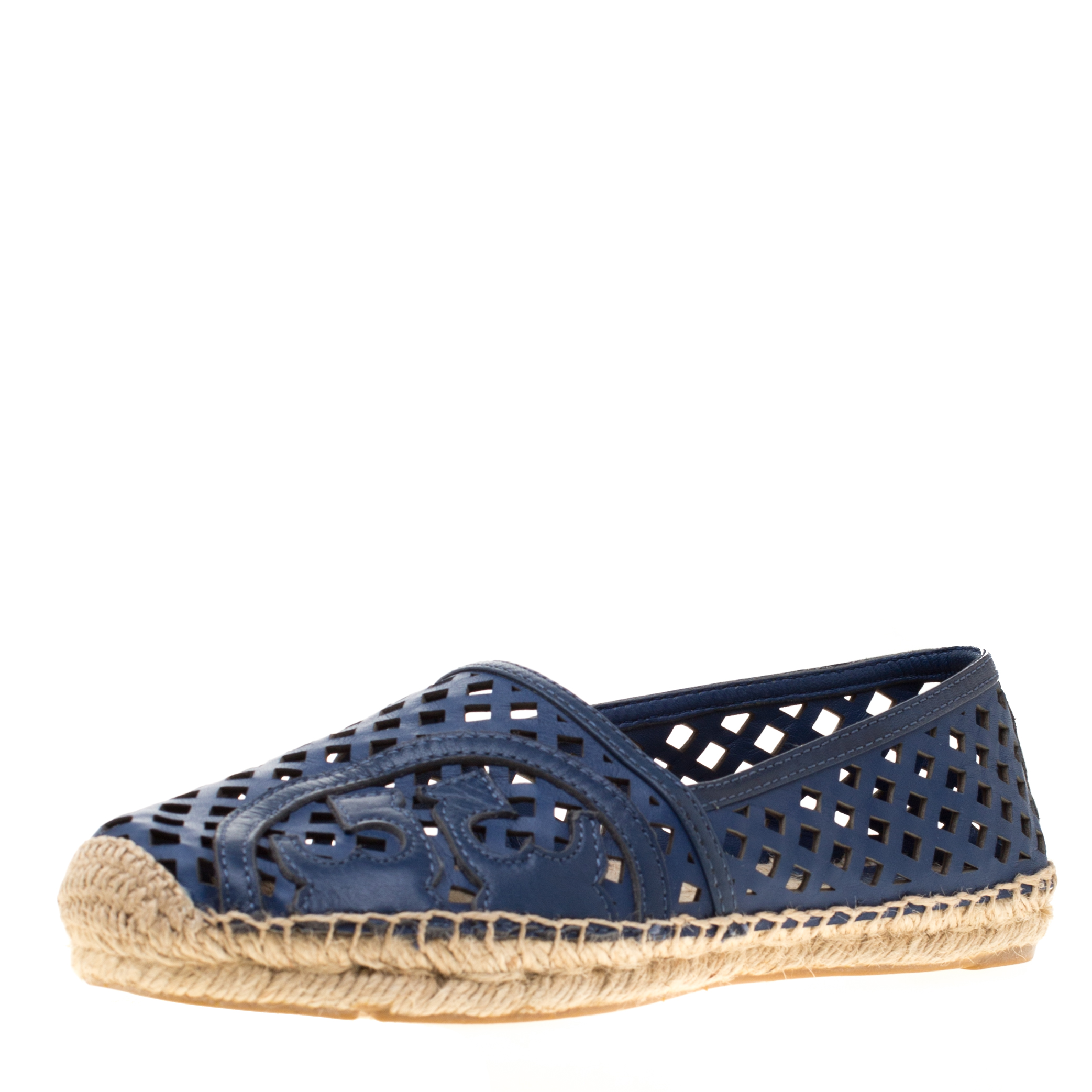 Tory Burch Blue Laser Cut Leather Logo Thatched Espadrille Flats Size ...