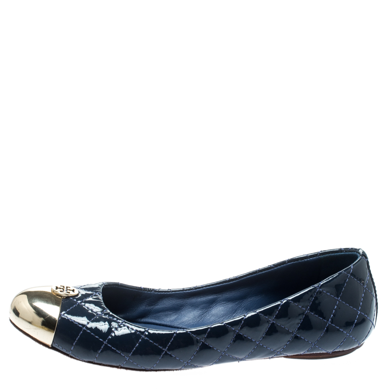 

Tory Burch Blue Quilted Leather Kaitlin Metal Cap Toe Ballet Flats Size