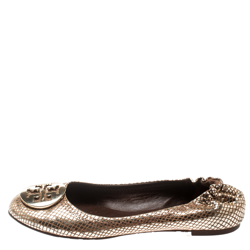 

Tory Burch Metallic Gold Foil Textured Suede Reva Ballet Flats Size