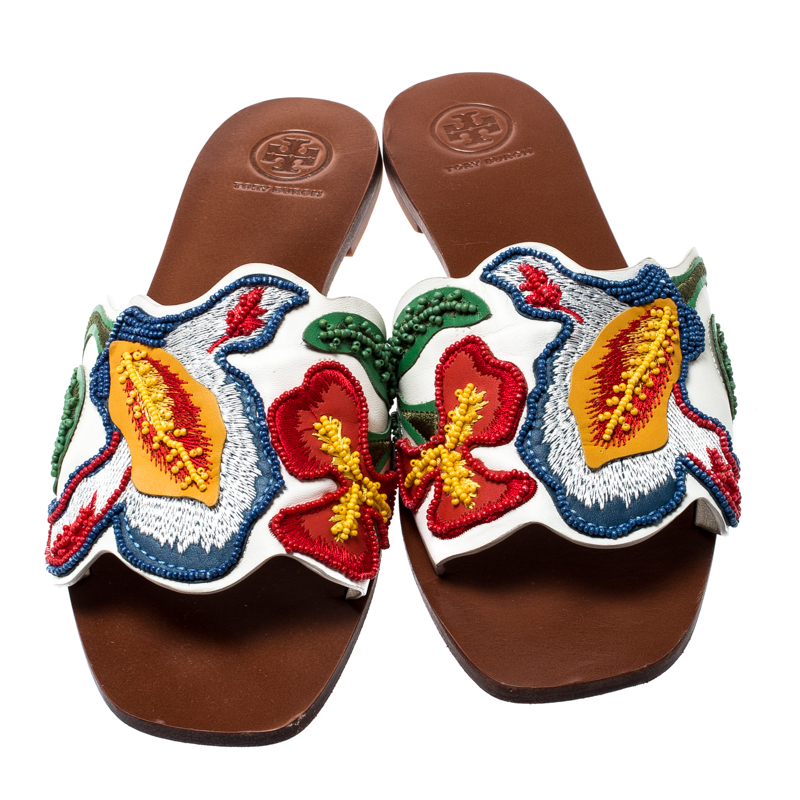 Tory Burch Multicolor Beads Embroidered Leather Bianca Slides Size 39 Tory  Burch | TLC