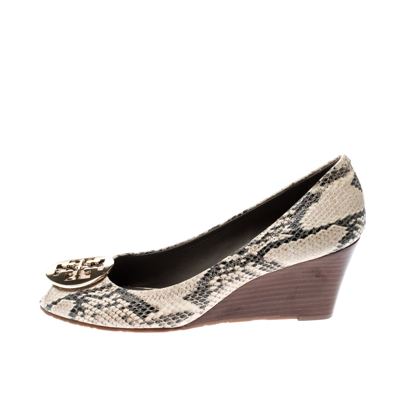 

Tory Burch Python Embossed Peep Toe Wedge Pumps Size, Beige