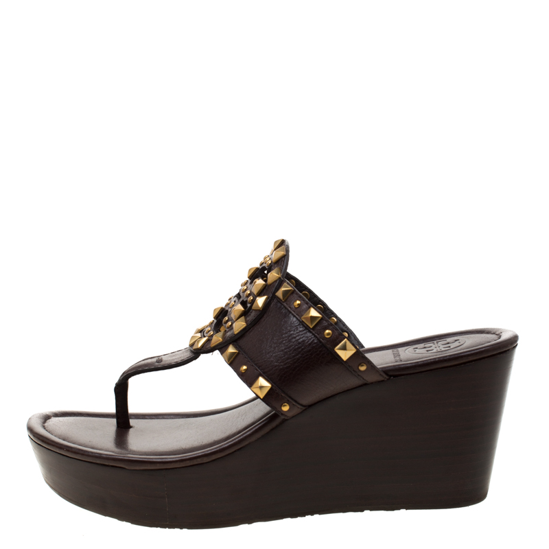 

Tory Burch Brown Leather Marissa Studded Wedge Sandals Size