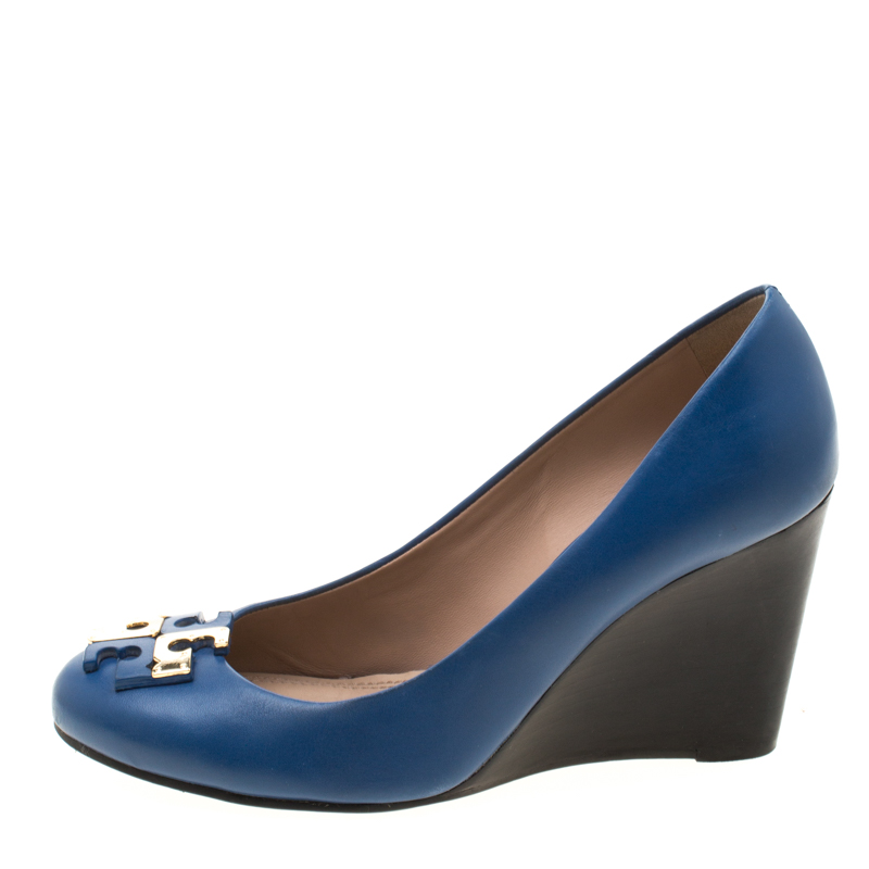 

Tory Burch Blue Leather Lowell Wedge Pumps Size