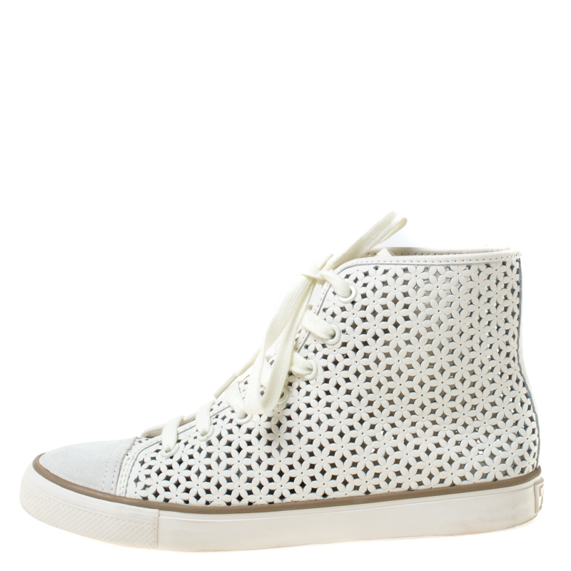 

Tory Burch White Flower Perforated Leather High Top Sneakers Size