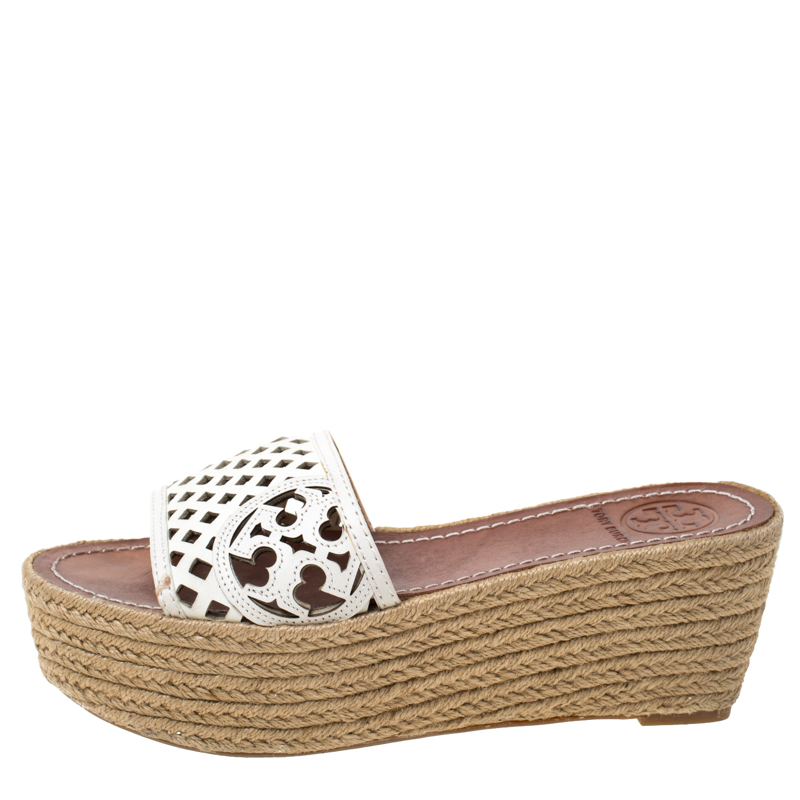 

Tory Burch White Leather Thatched Platform Wedge Sandals Size