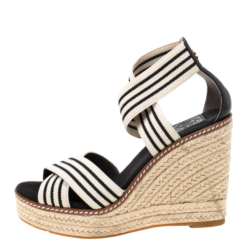 

Tory Burch Monochrome Stretch Fabric And Leather Frieda Cross Strap Espadrille Platform Sandals Size, White