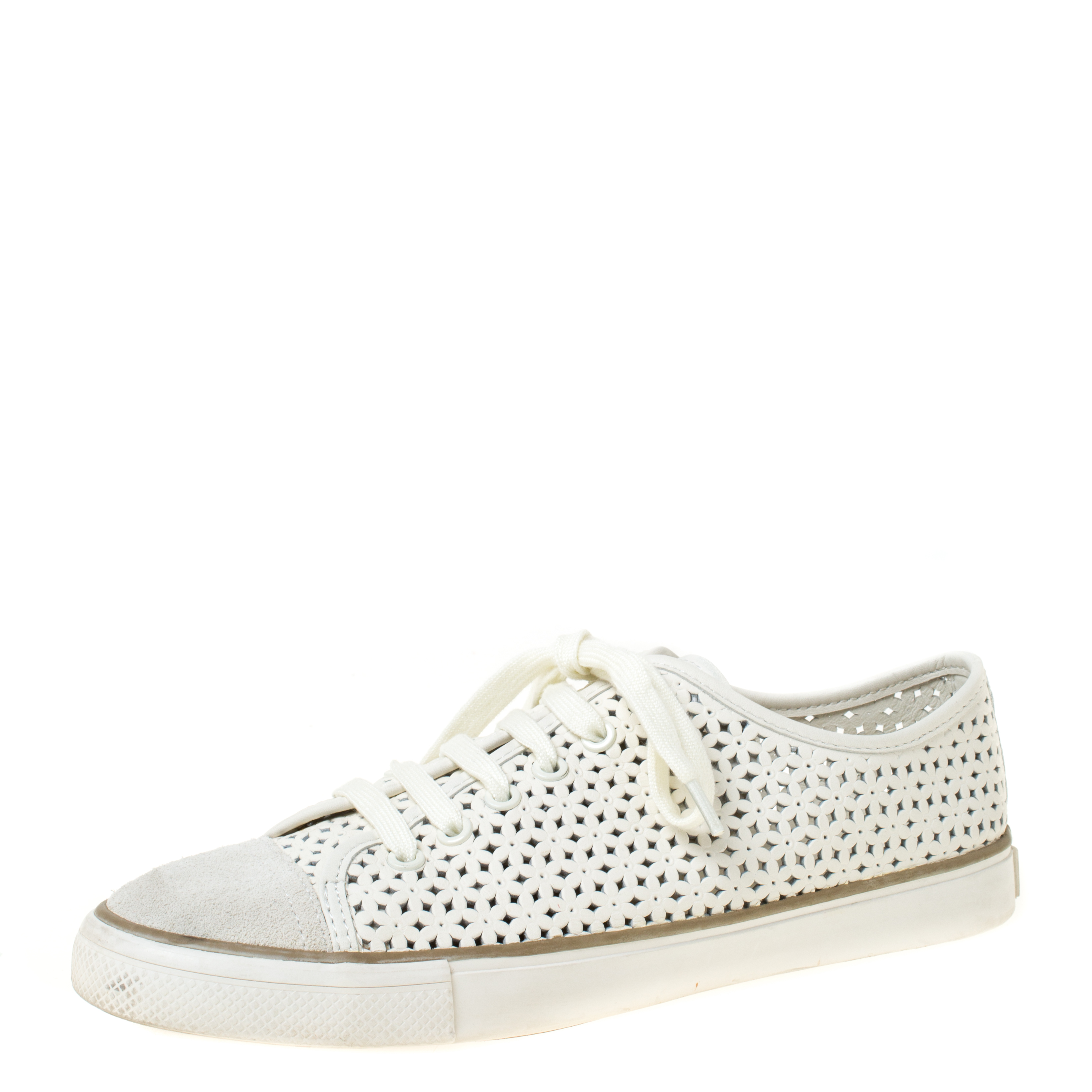 Tory Burch White Perforated Leather Daisy Lace Up Sneakers Size 40 Tory ...