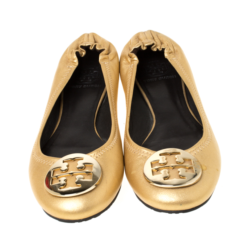 Tory Burch Gold Leather Minnie Travel Ballet Flats Size 37.5 Tory Burch ...
