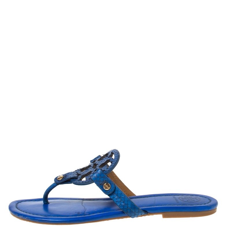 

Tory Burch Blue Leather and Snakeskin Embossed Miller Flat Thong Sandals Size
