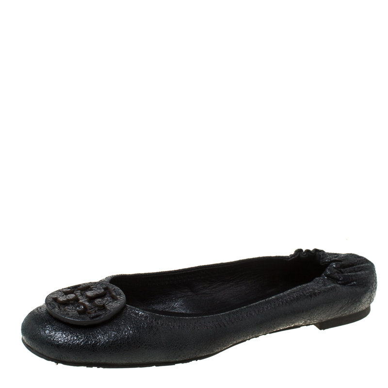 Pre Owned حذاء فلات باليه توري برش ريفا مجعد جلد أسود مقاس 38