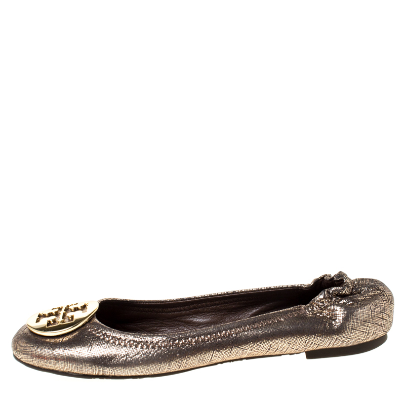 

Tory Burch Metallic Gold Leather Reva Pebbled Ballet Flats Size