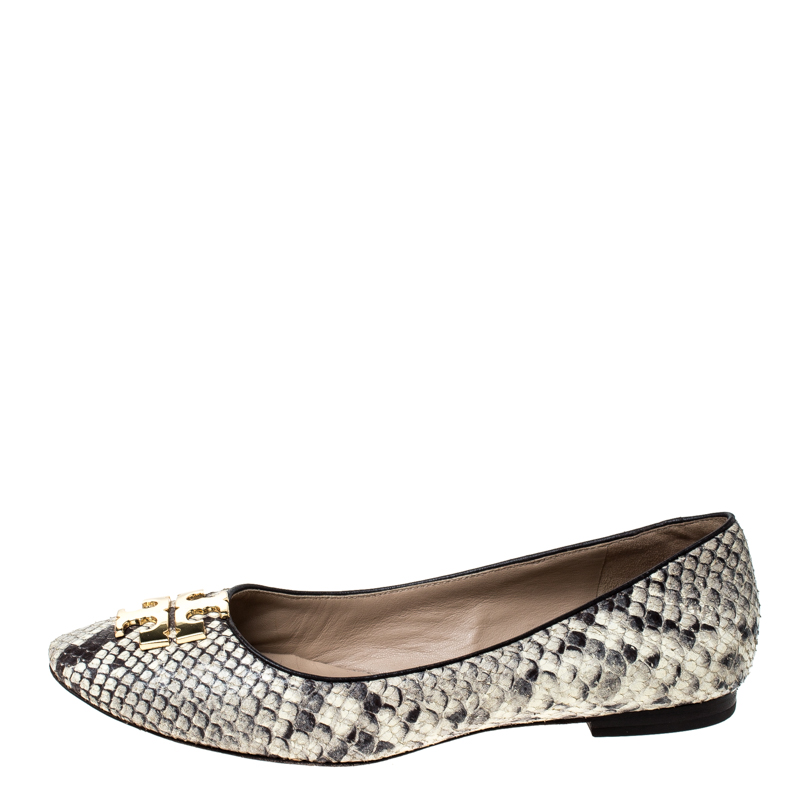 

Tory Burch Two Tone Python Embossed Leather Reva Ballet Flats Size, Brown