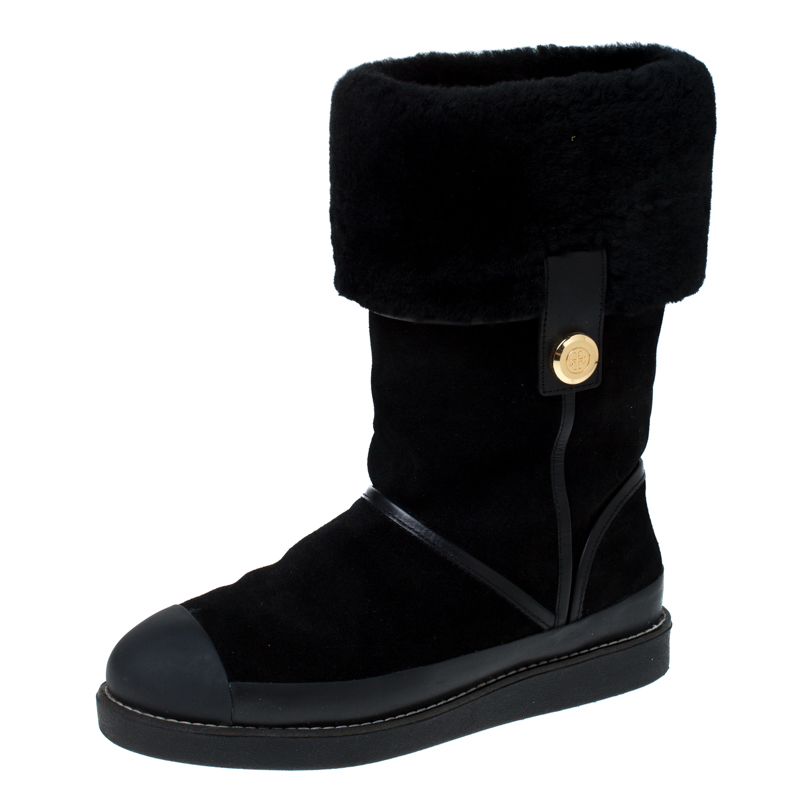 Pre Owned Tory Burch Black Suede Leather And Fur Ankle Boots Size 38