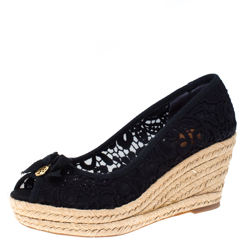 Pre Owned Tory Burch Black Lace Jackie Peep Toe Espadrilles Wedge Pumps Size 38.5