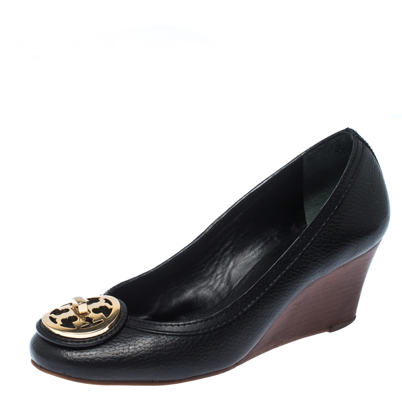 Pre Owned Tory Burch Black Leather Sophie Wedge Pumps Size 36