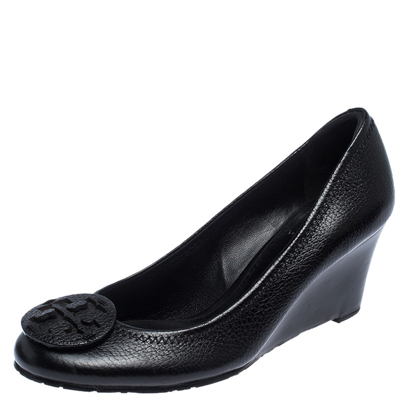  Tory Burch Black Leather Sophie Wedges Pumps Size 38