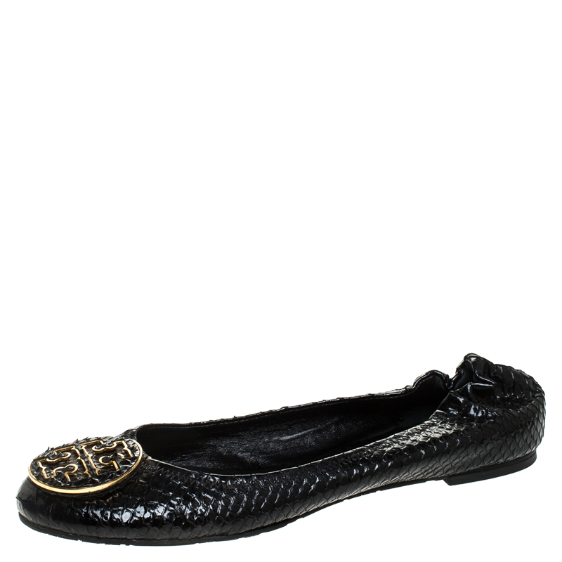 Pre Owned Tory Burch Black Python Embossed Leather Reva Ballet Flats Size 39