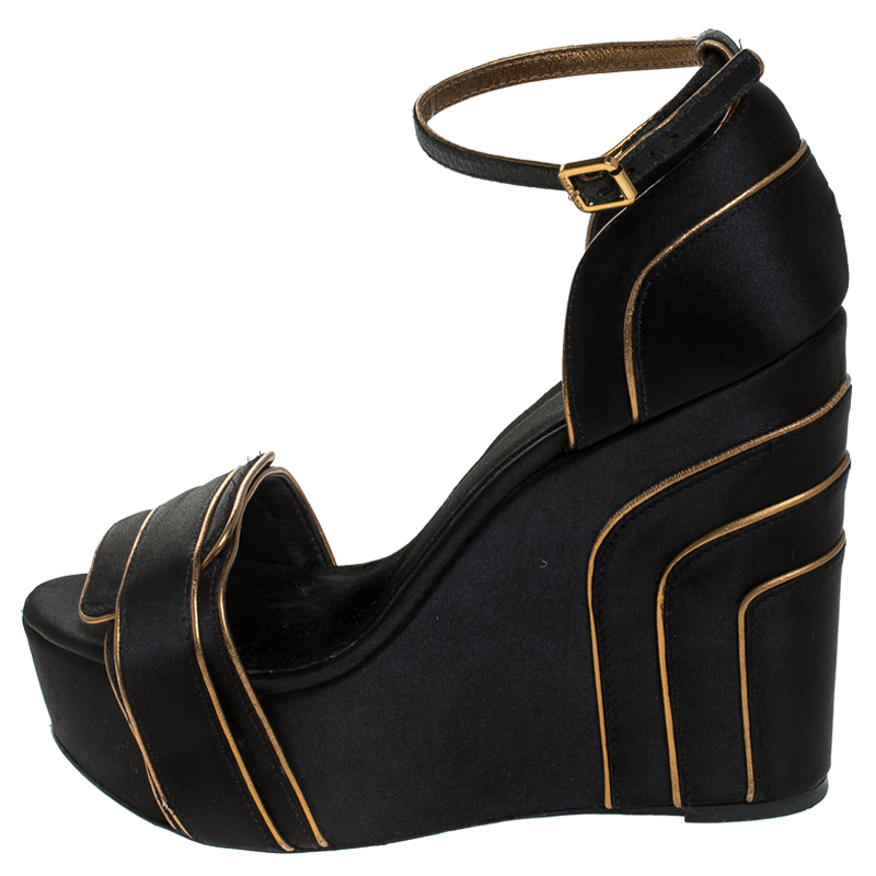 

Tory Burch Black Satin Loretta Wedges Platfrom Ankle Strap Sandals Size