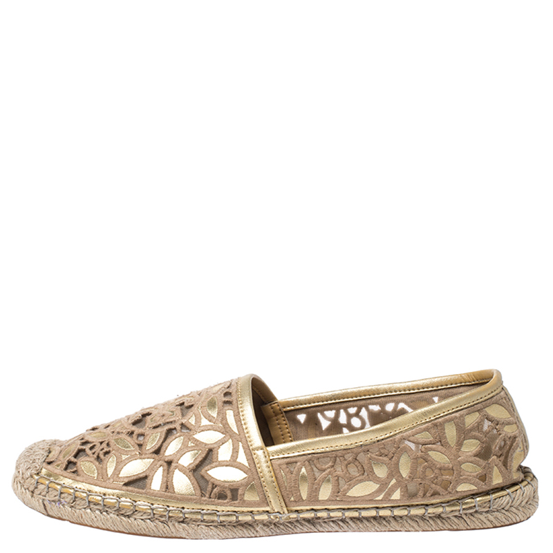 

Tory Burch Metallic Gold Embroidered Leather And Mesh Rhea Leaf Espadrille Flats Size