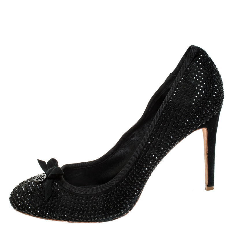 

Tory Burch Black Suede Crystal Embellished Bow Round Toe Pumps Size