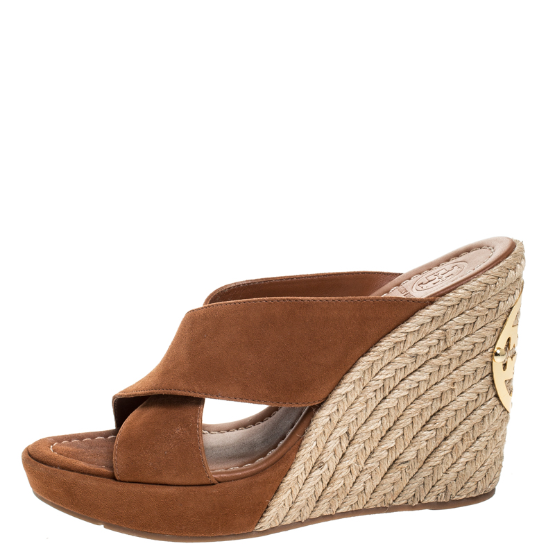 

Tory Burch Brown Leather Wedge Cross Strap Platform Slides Size