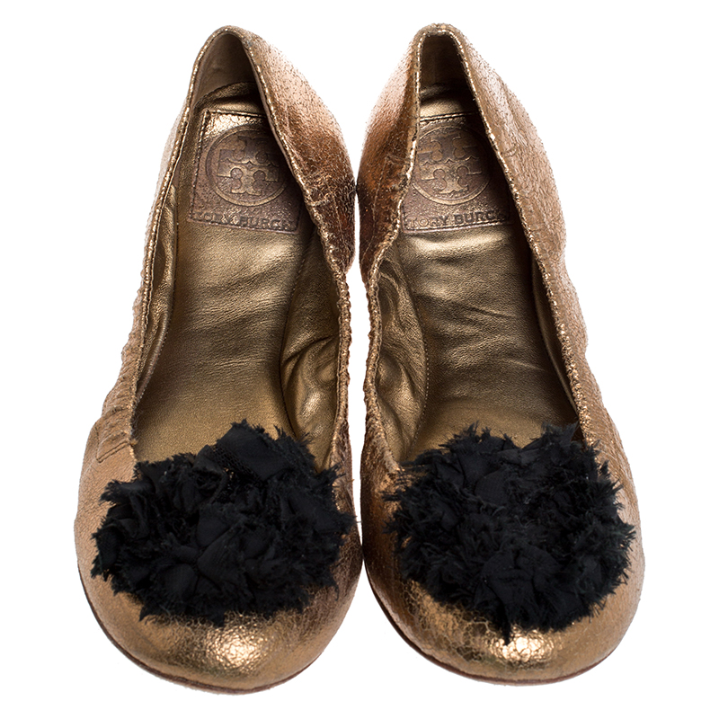 Pre-owned Tory Burch Metallic Bronze Crackled Leather And Black Fabric Flower Scrunch Ballet Flats Size 40