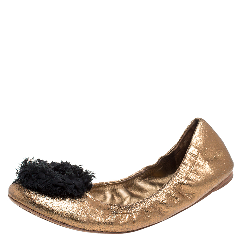 

Tory Burch Metallic Bronze Crackled Leather And Black Fabric Flower Scrunch Ballet Flats Size