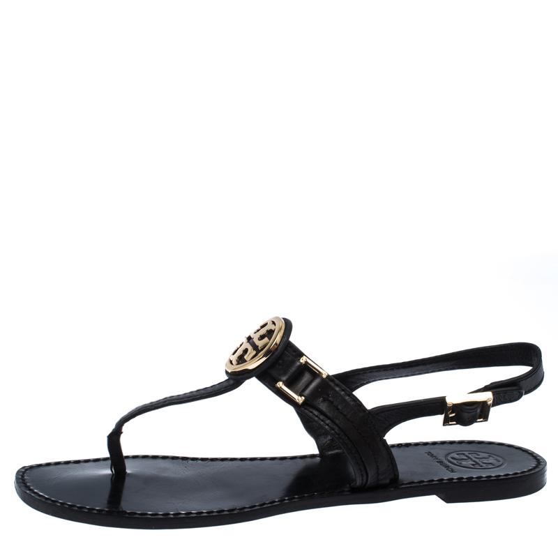 

Tory Burch Black Leather Logo Detail Thong Slingback Sandals Size