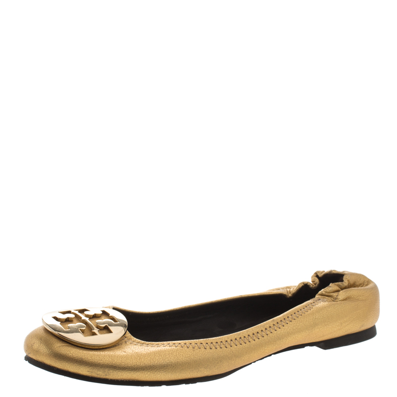 Pre Owned Tory Burch Metallic Gold Leather Minnie Scrunch Ballet Flats Size 37