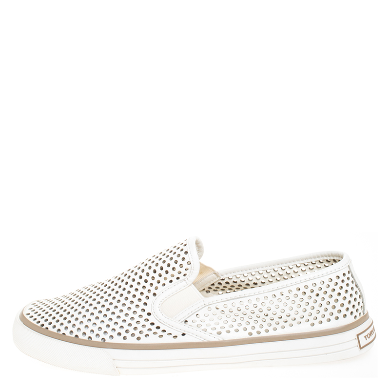 

Tory Burch White Perforated Leather Miles Slip On Sneakers Size
