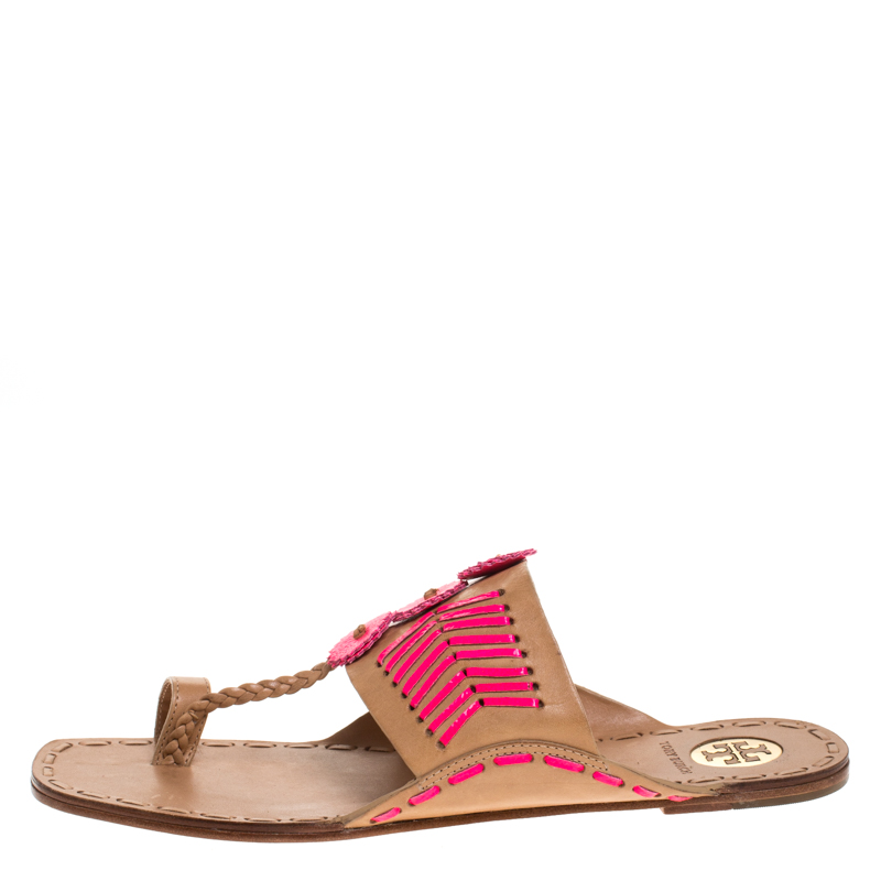 

Tory Burch Beige/Pink Leather Caylan Toe Ring Flats Size
