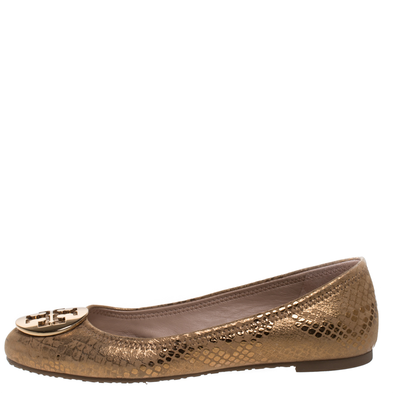 

Tory Burch Metallic Gold Foil Textured Suede Reva Ballet Flats Size