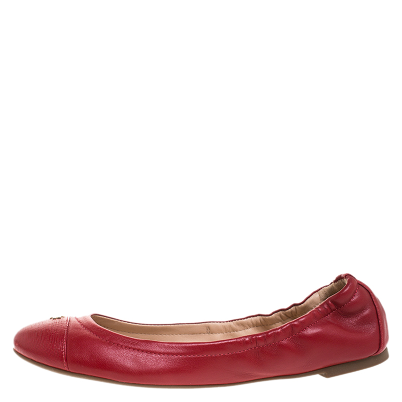 

Tory Burch Red Leather Cap Toe Scrunch Ballet Flats Size