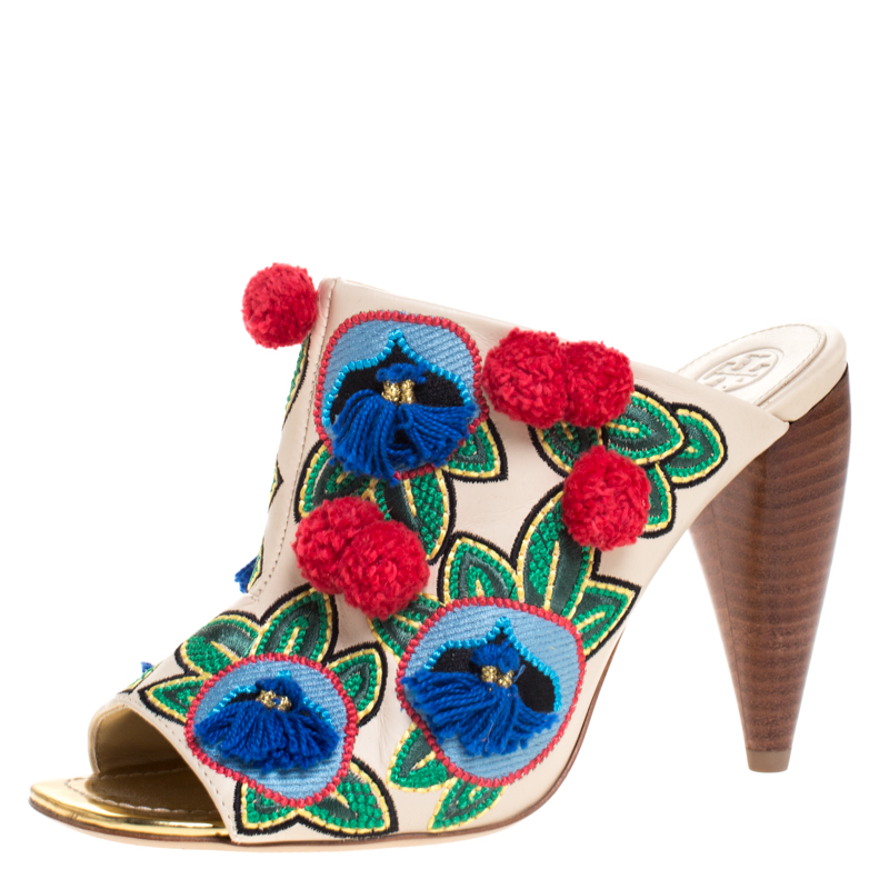 Pre Owned Tory Burch Multicolor Embroidered Leather Ellis Peep Toe Mules Size 38.5