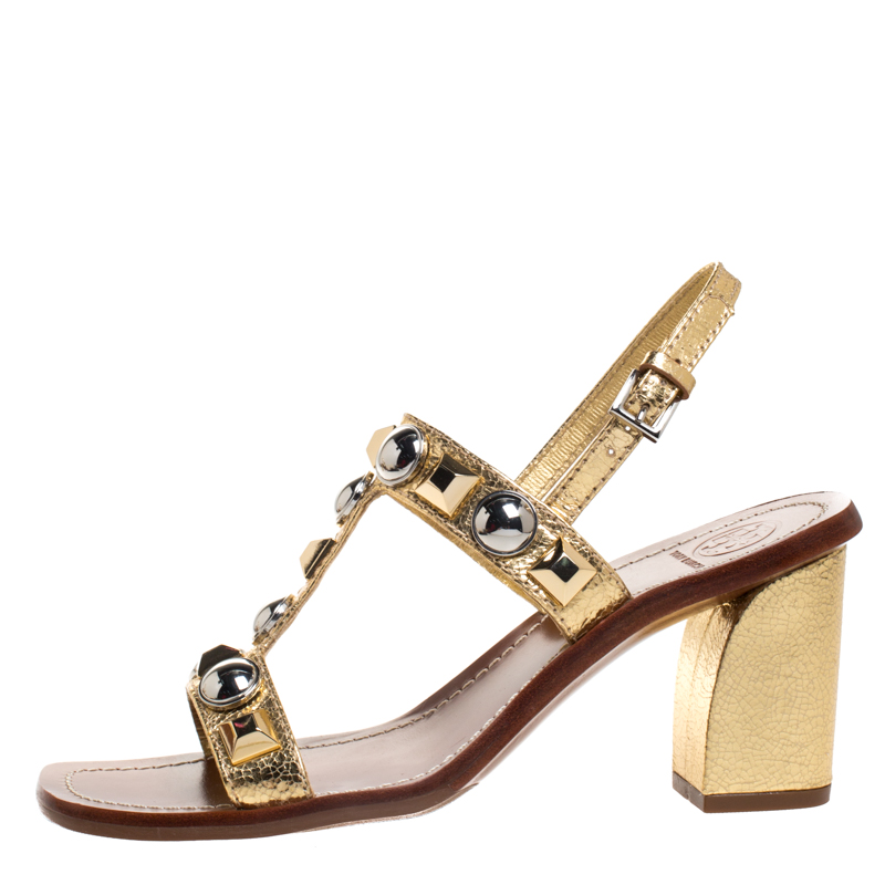 

Tory Burch Gold Leather Studded T Strap Slingback Sandals Size