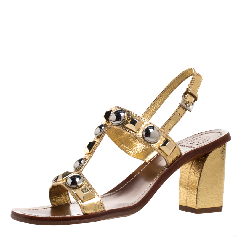 Pre Owned Tory Burch Gold Leather Studded T Strap Slingback Sandals Size 37.5