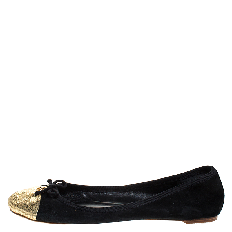 

Tory Burch Black Suede And Metallic Gold Cap Toe Bow Ballet Flats Size